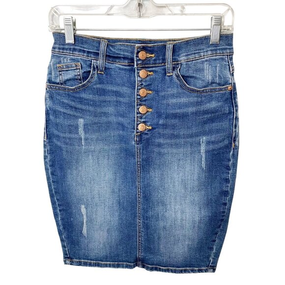 Guess Dark Blue Denim Pencil Skirt Distressed Exposed Button Fly Women’s Size 28 - Picture 1 of 8